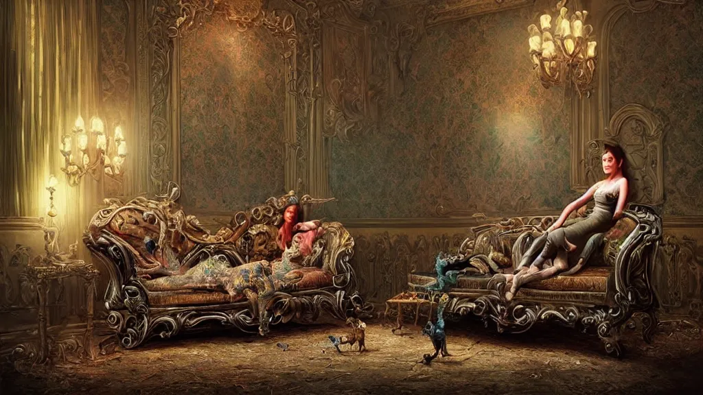 Image similar to a beautiful woman sitting on an ornate victorian couch made out of decomposing animals, intricate, detailed, volumetric lighting, sharp focus, photorealism, digital painting, highly detailed, concept art, by roger dean and simon stalenhag and mark brooks