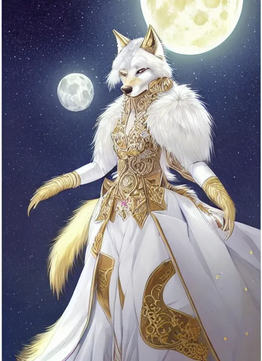 Prompt: commissioned full body portrait of a female anthro wolf princess fursona with a furry wolf head and white hair wearing a white and gold Japanese armored dress in a white and gold palace on a starry night with a large crescent moon, by a professional manga illustrator, Stanley Artgerm Lau, WLOP, Rossdraws, James Jean, Andrei Riabovitchev, Marc Simonetti, and Sakimichan, trending on artstation