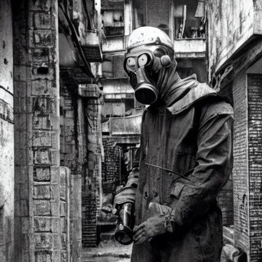 Prompt: A man in a gas mask and flight suit, in the Kowloon Walled City. Dark Fantasy, Film Noir, Black and White. High Contrast, Mike Mignola, D&D, OSR