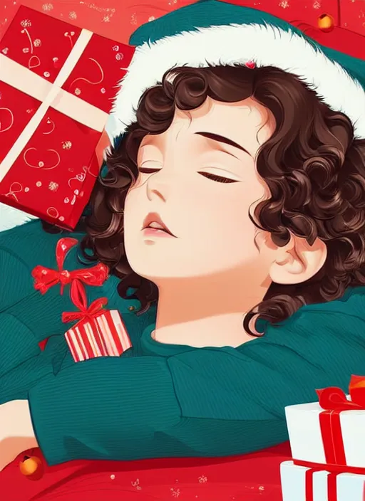 Prompt: a ten year old with short wavy curly hair, asleep at christmas. surrounded by gifts. high quality detailed face. clean cel shaded vector art. shutterstock. behance hd by lois van baarle, artgerm, helen huang, by makoto shinkai and ilya kuvshinov, rossdraws, illustration, art by ilya kuvshinov