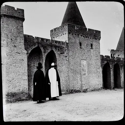 Image similar to - Early black and white photograph of robed figures with tall pointed hats inside a castle, creepy, 8mm