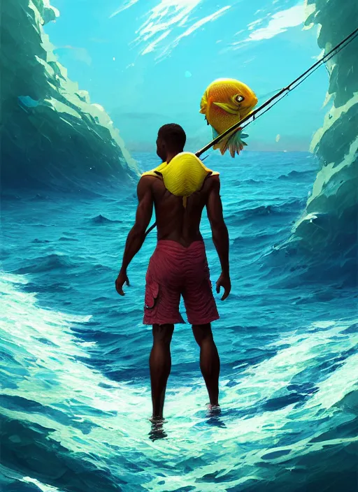 Image similar to portrait of a male jamaican fisherman sci - fi glowing fishing armor muscular caribbean intricate elegant highly detailed digital painting artstation concept art, ocean background, jamaican colors, cinematic, greg rutkowski, loish, rhads, ferdinand knab, makoto shinkai and lois van baarle, ilya kuvshinov, rossdraws, tom bagshaw