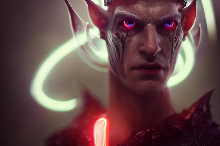 Image similar to an ultra realistic, cinematic, fantasy, portrait, of an evil elf, elden ring, fairy lights, facial features, stood in a supermarket, with futuristic clothing and neon lights, detailed, deep focus, movie still, dramatic lighting, ray tracing, by michal karcz and yoshitaka amano