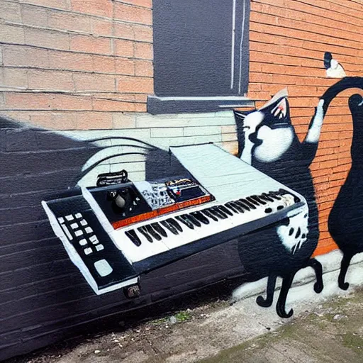 Prompt: Street-art painting of cats on synthesizer in space, style of Banksy, photorealism