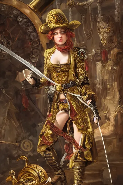 Prompt: digital painting, of a swashbuckling gnome on her clockwork ship , baroque, ornate clothing, realistic, hyperdetailed, chiaroscuro, concept art, art by Franz Hals