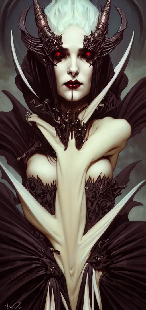 Image similar to close up painting a beautiful vampire queen in gothic robes with bat wings, by nekro, peter mohrbacher, alphonse mucha, elegant, highly detailed, artstation