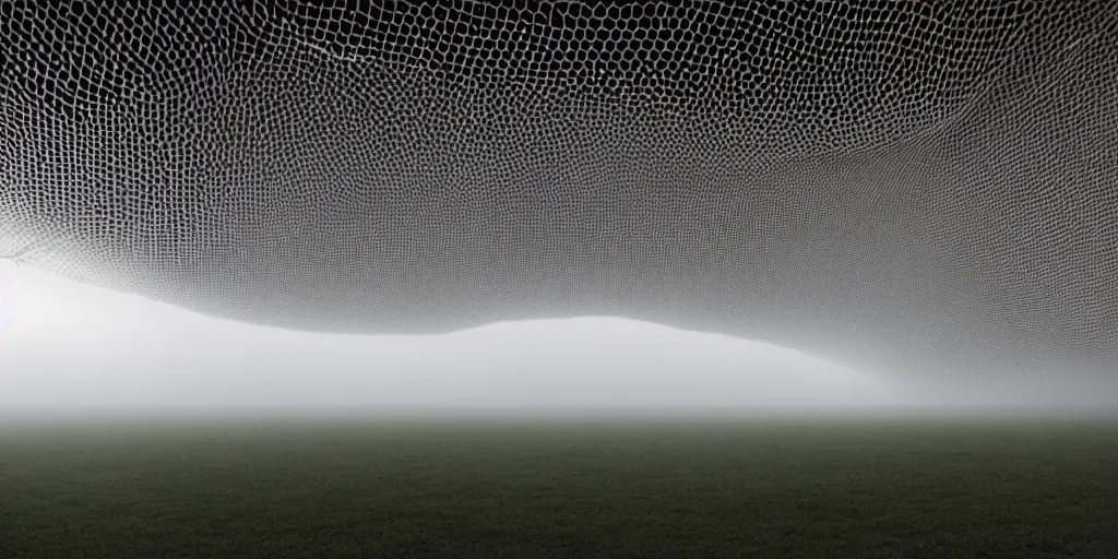 Prompt: white honeycomb organic illuminated building with warm illumination inside by ernesto neto sits on the field evening atmosphere in low fog, 4 k, insanely quality, highly detailed, film still from the movie directed by denis villeneuve with art direction by zdzisław beksinski, telephoto lens, shallow depth of field