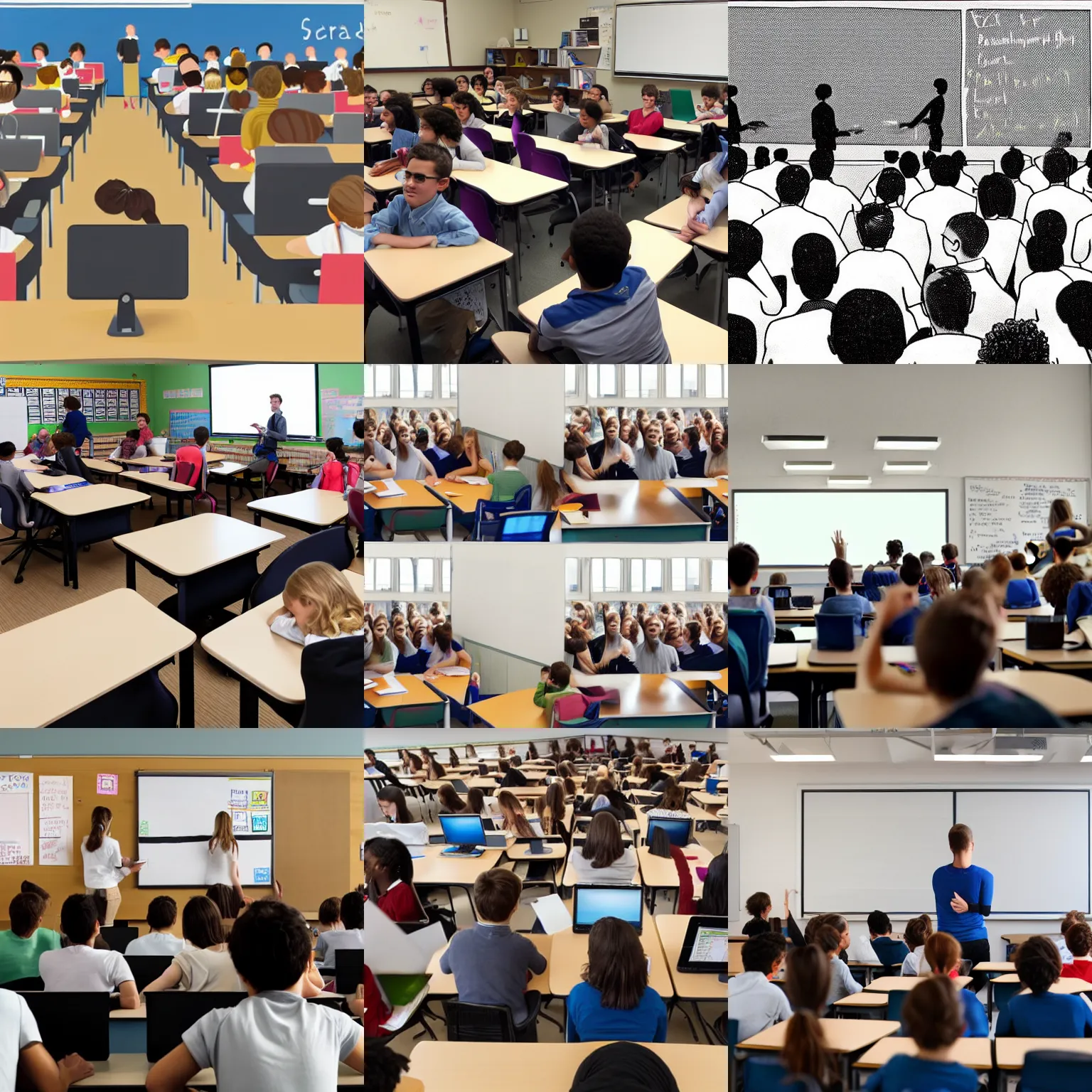 Prompt: first - person view of the back of some students at their desks facing the front of the class the teacher is standing all people with comically enlarged heads