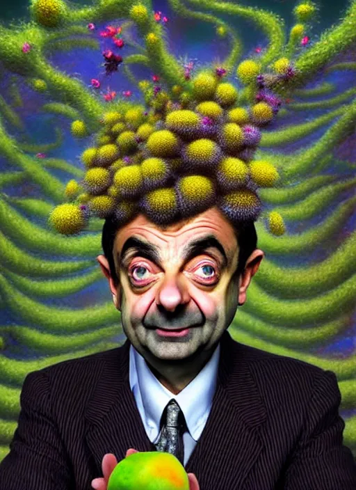 Image similar to hyper detailed 3d render like a Oil painting muted colors - slightly silly portrait of Rowan Atkinson cross eyed as Mr. Bean in Aurora seen tickling of the Strangling network of yellowcake aerochrome and milky Fruit and Her delicate Hands hold of gossamer polyp blossoms bring iridescent fungal flowers whose spores black the foolish stars by Jacek Yerka, Mariusz Lewandowski, Houdini algorithmic generative render, Abstract brush strokes, Masterpiece, Edward Hopper and James Gilleard, Zdzislaw Beksinski, Nicoletta Ceccoli, Wolfgang Lettl, hints of Yayoi Kasuma, octane render, 8k