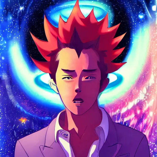 Image similar to A man drinking a cup of cosmic energy bright light by Masafumi Harada, 4k, digital art, surreal, anime style, space dandy style, highly detailed, godsend, artstation