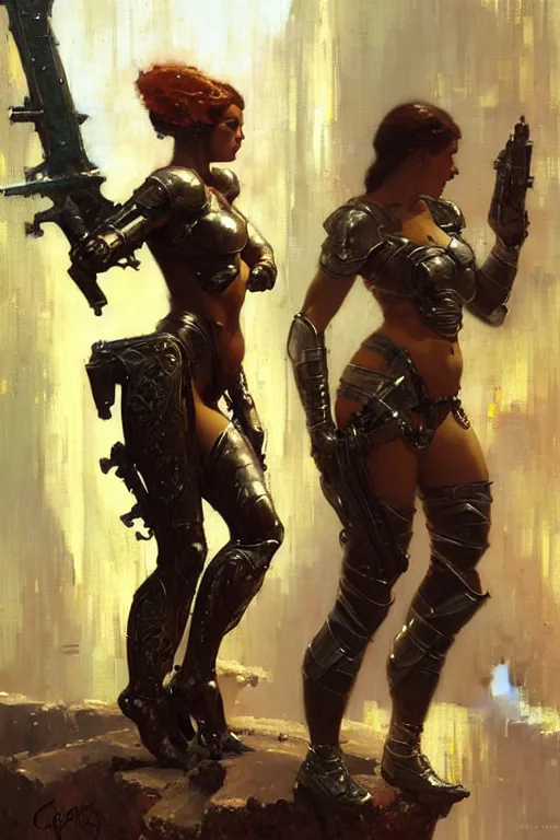 Image similar to futuristic women with medieval armor, holding a gun, painting by gaston bussiere, craig mullins, greg rutkowski, yoji shinkawa