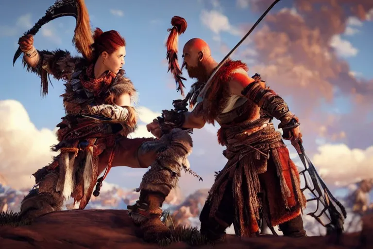 Image similar to aloy from the horizon zero dawn videogame playing the guitar with kratos from the god of war videogame