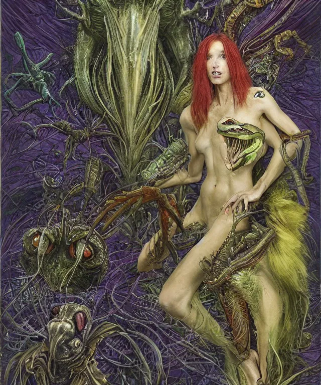 Prompt: a portrait photograph of a fierce sarah poley as an alien harpy queen with slimy amphibian skin. she is trying on evil bulbous slimy organic membrane fetish fashion and transforming into a fiery succubus amphibian mantis. by donato giancola, walton ford, ernst haeckel, brian froud, hr giger. 8 k, cgsociety