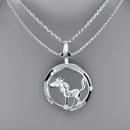 Image similar to a lovely silver cartoon unicorn necklace pendant, 3 d rendering, pandora style, tiffany style, swarovski style, van cleef & arpels style, cartier style, boucheron style, bulgari style, chaumet style, elegant, noble, stylish