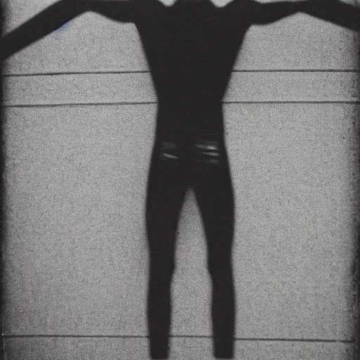 Prompt: skinny man stretches his arms in a lonely room, concrete walls, gray carpet on the floor, polaroid photo