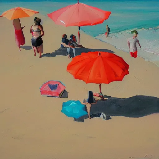 Image similar to a painting of people on a beach with umbrellas, satellite view, a painting by Sally West, featured on tumblr, action painting, oil on canvas, painterly