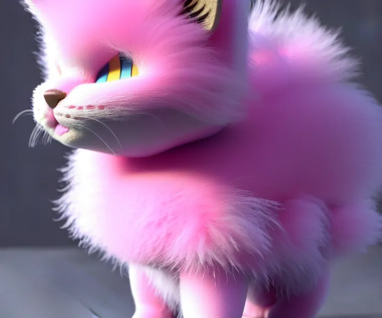 Image similar to high quality 3 d render hyperrealistic very cute small cat, plush mascot, short spiky dense fluffy smooth hair, photo from the side, pink fluffy fur, 1 5 0 mm, beautiful natural soft light, rim light, vray, smooth background, artstation, ultra detailed