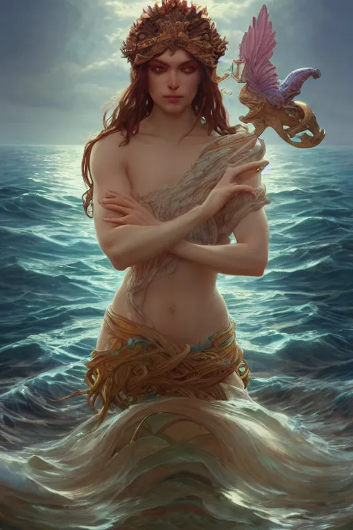 Image similar to goddess of the ocean, accurate anatomy, only two hands, highly detailed, digital painting, artstation, concept art, smooth, sharp focus, illustration, Unreal Engine 5, 8K, art by Ross Tran and greg rutkowski and alphonse Mucha and michelangelo