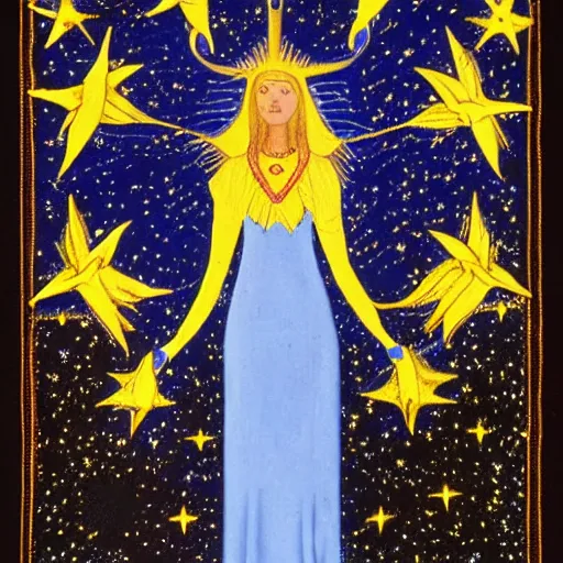 Image similar to melancholic medieval by paul laffoley, by jerry siegel. a computer art of a woman with wings made of stars, surrounded by a blue & white night sky. the woman is holding a staff in one hand, & a star in the other. she is wearing a billowing dress, & her hair is blowing in the wind.