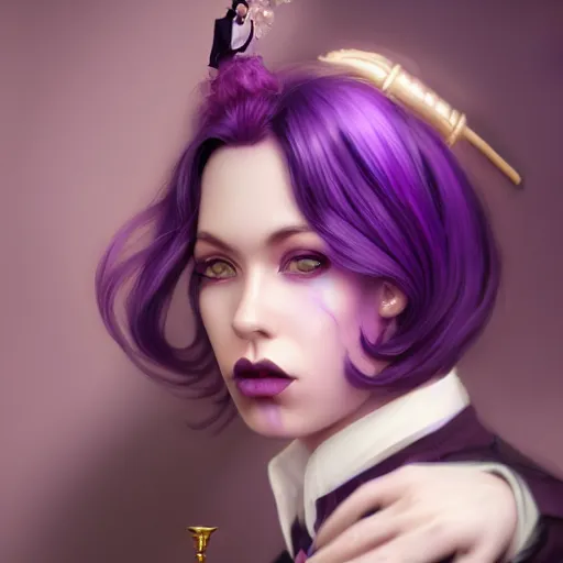 Image similar to beautiful tall secretary with purple hair, a horn on her head, a purple tuxedo, purple eyes, award winning photography, cinematic, digital painting, cinematic, wlop, 8 k, by ross tran, tom bagshaw