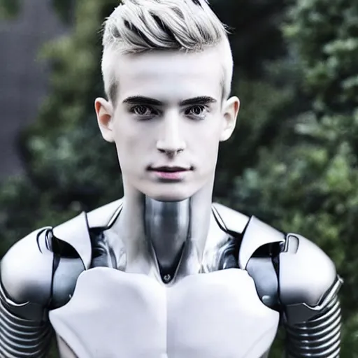 Image similar to “a realistic detailed photo of a guy who is an attractive humanoid who is half robot and half humanoid, who is a male android, twitch streamer Ninja Tyler Blevins, shiny skin, posing like a statue, blank stare”