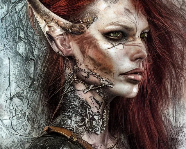 Image similar to 5 5 mm portrait photo of an armored gorgeous anesthetic redhead woman warrior with a face tattoo and horns growing from her head, in a magical forest in the style of stefan kostic, art by luis royo. highly detailed 8 k. intricate. lifelike. soft light. nikon d 8 5 0. cinematic post - processing