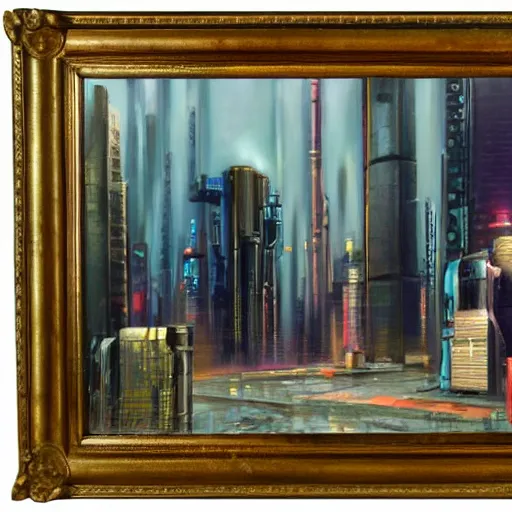 Prompt: oil in canvas, cyberpunk castle