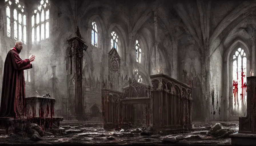 Prompt: a dark priest conducts rite of baptism, destroyed church, blood, symbols, religion, death, fear, horror, ultra realistic, hyperrealism,, fine details, detailed and intricate environment, by stephan koldi, by marc simonetti, 4 k