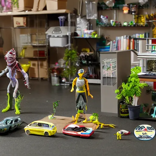 Image similar to garage with carnivorous plants on the shelves and packing peanuts on the floor, scene from tv show hyper detailed 5 5 mm 8 5 mm, toy photography, made out of plastic