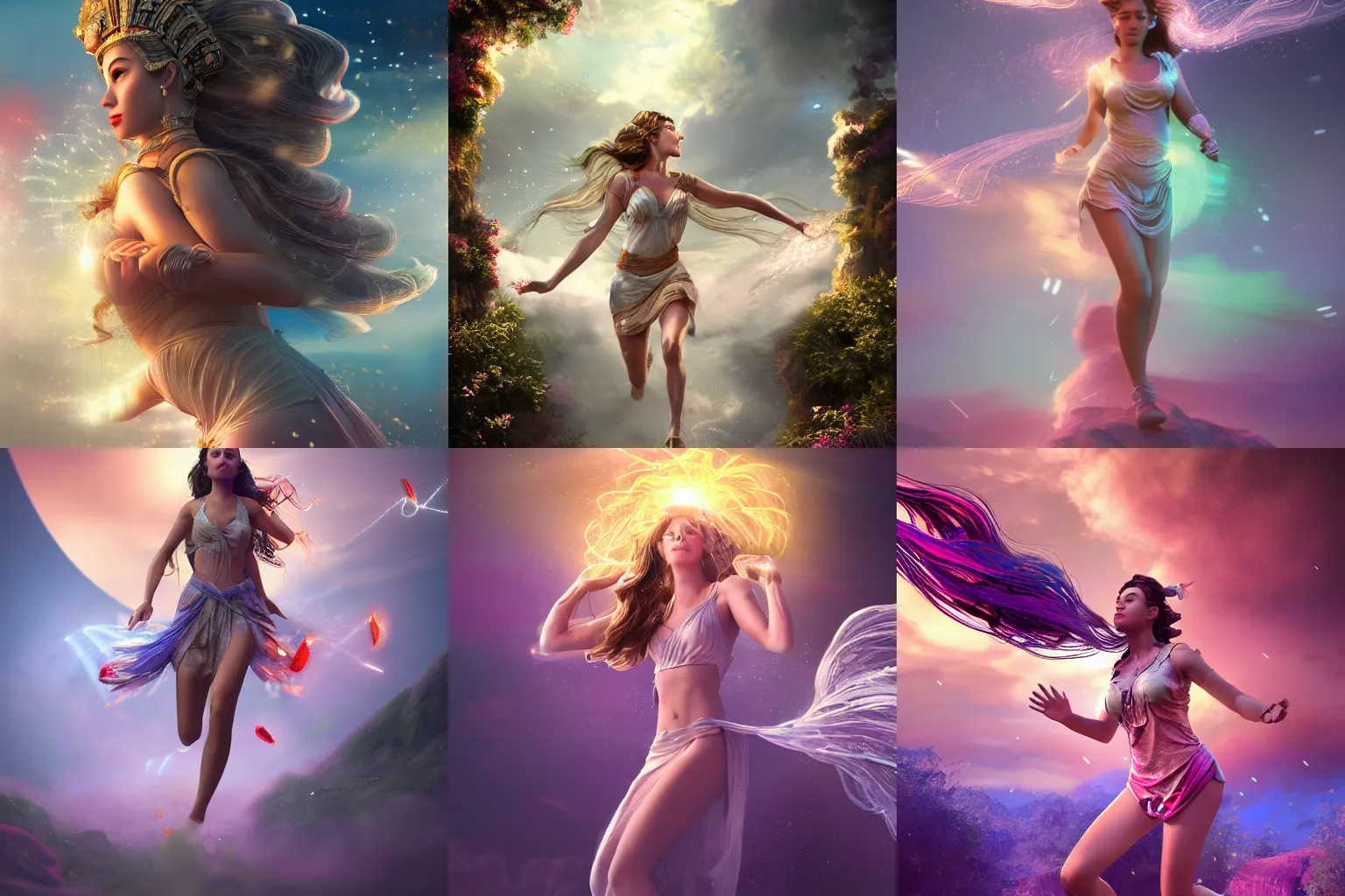 Prompt: a beautiful female goddess of running character, character is in all its glory, character is in her natural relaxed pose, rim lights, particles and dust in the air, fancy clouds, highly detailed professional photo, dynamic lights, particles are flying, depth of field, trending on artstation, illustration, hyper realistic, vray caustics, super detailed, colorful accents, cinematic shot