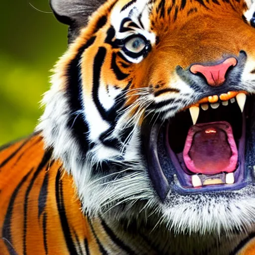 Prompt: close-up realistic photograph of a tiger Yawning, its mouth open very wide where you can look inside, high resolution, F1.8 aperture, HDR studio photograph