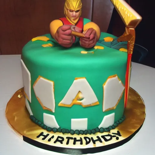 Prompt: birthday cake with golden axe