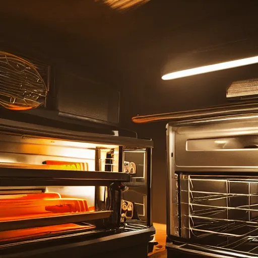 Image similar to toaster oven connected to 1 0 0 cables, symmetry, dark messy smoke - filled cluttered workshop, dark, dramatic lighting, orange tint, sparks, cinematic, highly detailed, sci - fi, futuristic, movie still