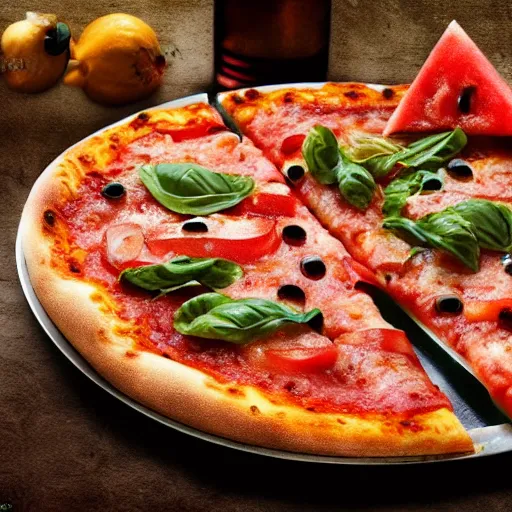 Image similar to italian pizza with watermelon, hyper realistic, 4 k, hyper detail, style by steve mccury and annie leibovitz and chindy sherman