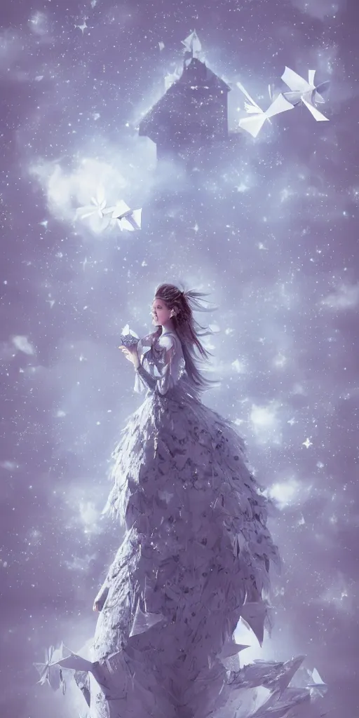 Image similar to background is a stary night sky, castle made of clouds, looking up towards an anthropomorphic space woman wearing a flowing paper couture dress with puffy leggings, paper stars, many origami birds, eery light, 3D, very detailed, octane render, trending ArtStation, artgem