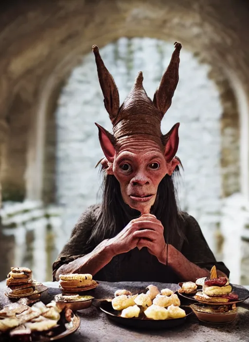 Image similar to closeup portrait of a medieval goblin eating cakes in the cloisters, depth of field, zeiss lens, detailed, symmetrical, centered, fashion photoshoot, by Annie Leibovitz and Steve McCurry, David Lazar, Jimmy Nelsson, Breathtaking, 8k resolution, extremely detailed, beautiful, establishing shot, artistic, hyperrealistic, beautiful face, octane render