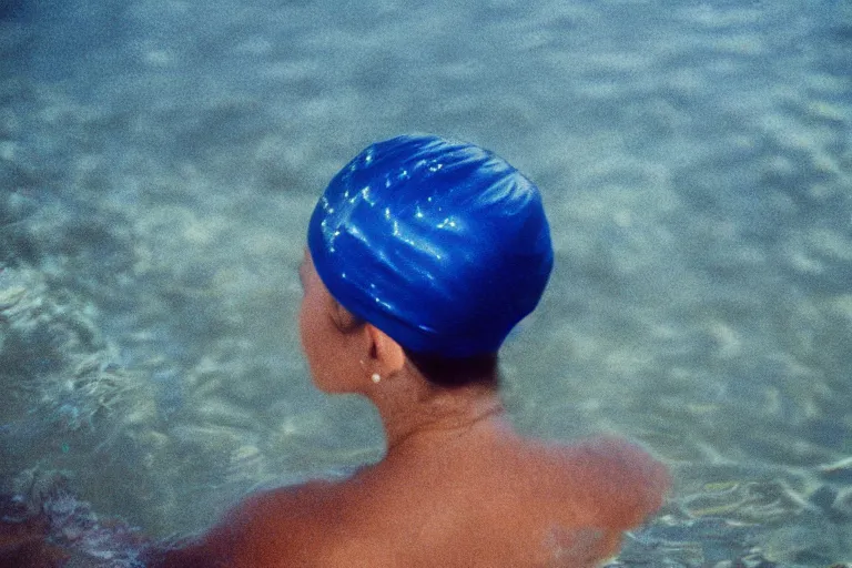 Image similar to colored photography, close-up from behind woman swimming in ocean at night, blue light, 35mm film,