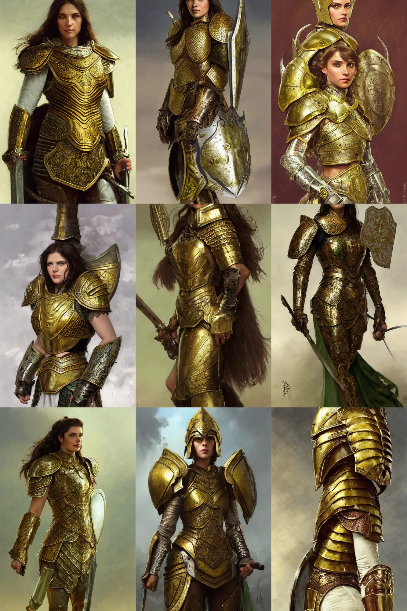 Image similar to full body portrait of a female warrior medium length brown hair and a very highly detailed face wearing elegant golden plate mail armor intricately painted with green and white accents, holding a rectangular tower shield, very highly detailed, artstation, cgsociety, realistic character concept art, sharp focus, by greg rutkowski, wlop, and alphonse mucha