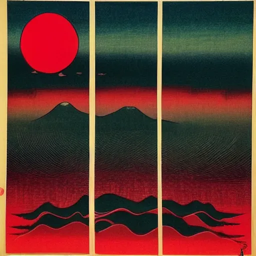 Image similar to “a bright red sunrise, in the style of Ukiyo-e”