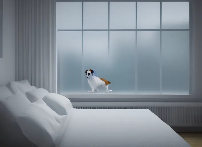 Image similar to photography of a Jack Russel watching outside the window on a bed in a 3d rendered white room, octane render, 3d, foggy, volumetric light, volumetric fog, photorealistic, unreal engine 5