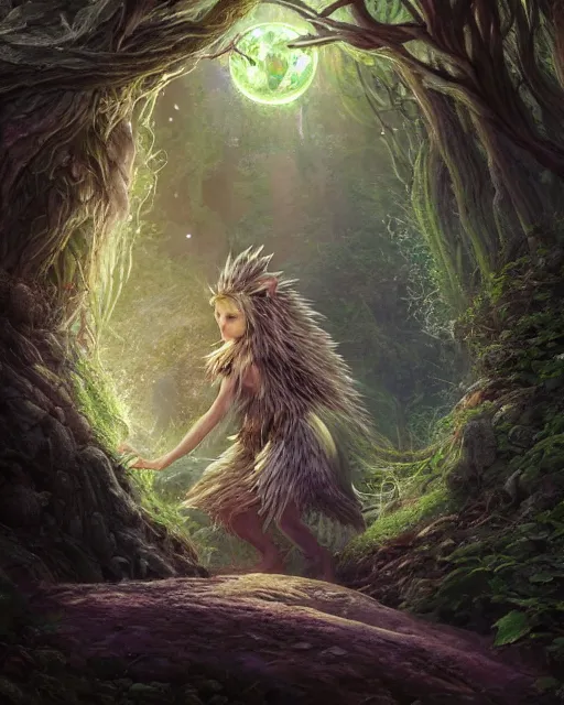 Image similar to Hedgehog druid, gaia, nature, fairy, forest background, magic the gathering artwork, D&D, fantasy, cinematic lighting, centered, symmetrical, highly detailed, digital painting, artstation, concept art, smooth, sharp focus, illustration, volumetric lighting, epic Composition, 8k, art by Akihiko Yoshida and Greg Rutkowski and Craig Mullins, oil painting, cgsociety