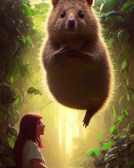 Prompt: highly detailed surreal vfx portrait of a sacred quokka, stephen bliss, unreal engine, greg rutkowski, loish, rhads, beeple, makoto shinkai and lois van baarle, ilya kuvshinov, rossdraws, tom bagshaw, alphonse mucha, global illumination, detailed and intricate environment