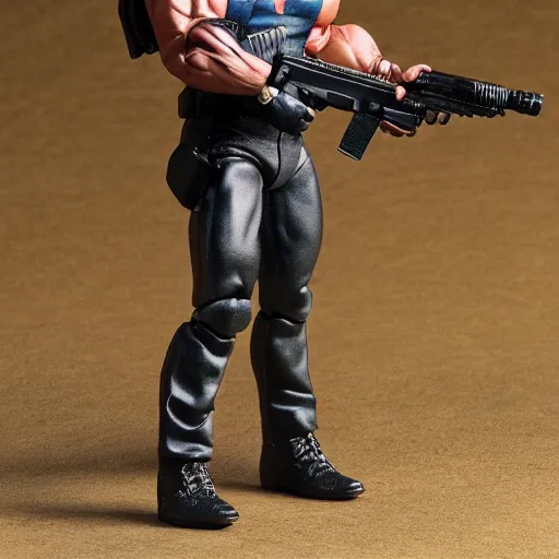 Image similar to a 12 inch action figure of Arnold Schwarzenegger from Commando. Posed. Big muscles. Holding an automatic rifle in his hands. Plastic shiny. Full body feet and head