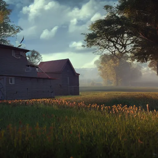 Prompt: country farm in the future, the image is like beautiful dream, 4k post-processing highly detailed, art station, unreal engine + cinematography by Wes Anderson, Wide angle shot, futuristic, volumetric light, Fuji film, intricate detail, hyperreal, hyperrealistic, 4K, Octane render, unreal engine cinematic, sublime atmosphere,