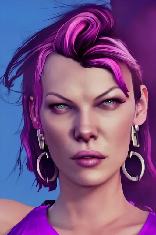 Prompt: a stunning GTA V loading screen Milla Jovovich with ombre purple pink hairstyle, hair blowing in the wind, hoop earrings, sunset mood, outrun, vaporware, retro, digital art, trending on artstation