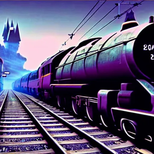 Image similar to :: Train to Hogwarts :: cyberpunk style :: Makoto Shinkai cyberpunk style :: Cinematography by Zack Snyder ::8k resolution :: cinematic shot :: epic :: awe :: masterpiece