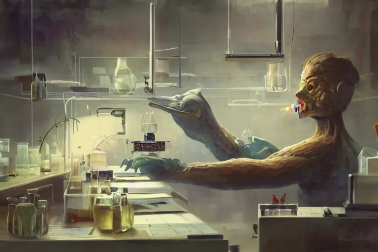 Prompt: A mixed media painting of a scientist duck working in a pcr and microbiology lab, by Frank Frazetta, Greg Rutkowski, Beeple, post-processing, low angle, masterpiece, cinematic, isometric, volumetric lighting