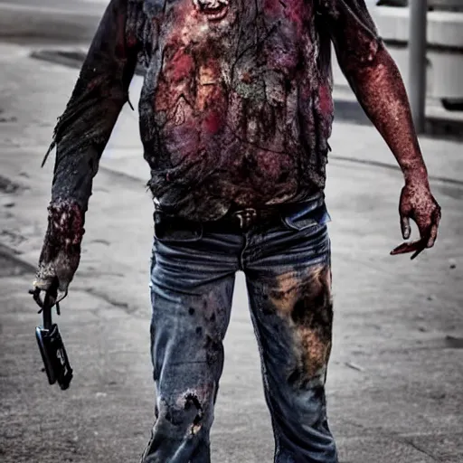 Prompt: a walking undead human in the streets, ballistic style, ultrarealistic