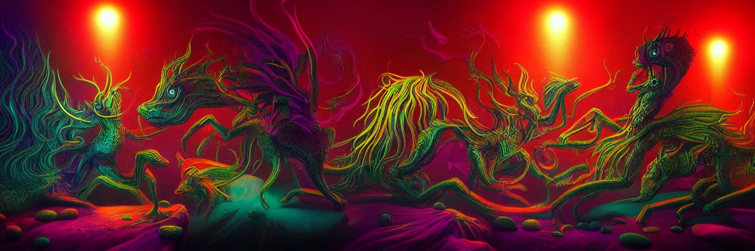 Image similar to microscopic mythical creatures from the depths of the collective unconscious, dramatic lighting with shallow dof, surreal darkly colorful painting by ronny khalil