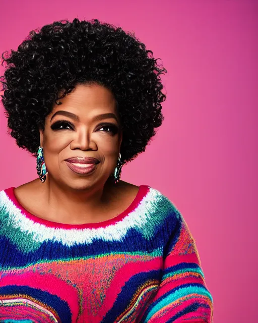 Image similar to headshot of the oprah winfrey, wearing a colorful coogi sweater, and black jeans, photoshoot in the style of annie leibovitz, studio lighting, soft focus, bokeh